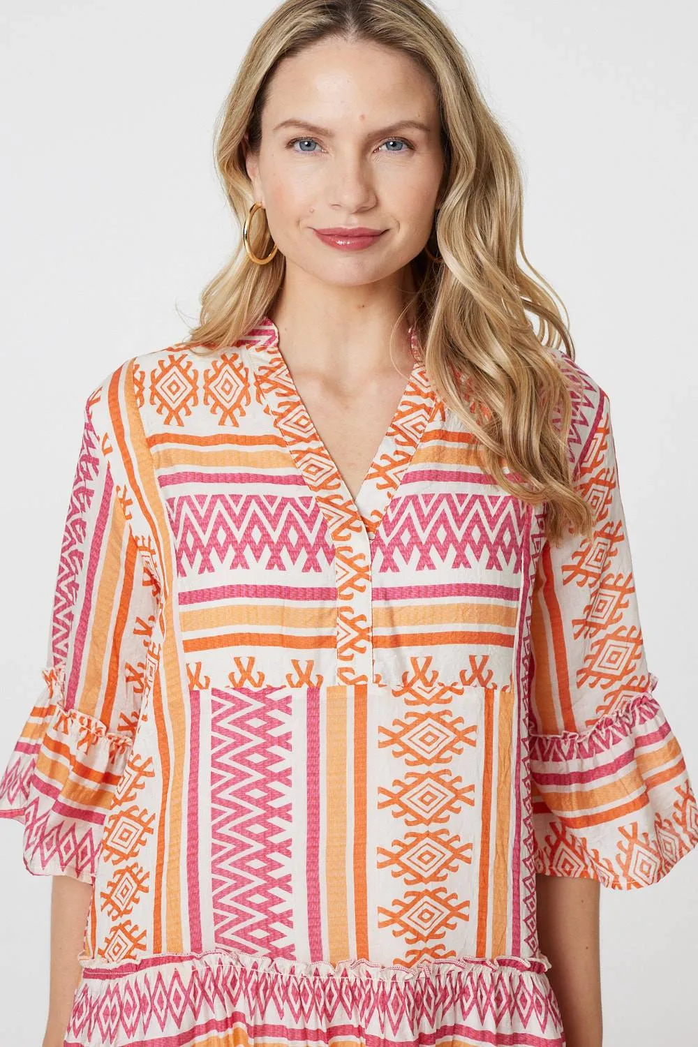 Aztec Print V-Neck 3/4 Sleeve Short Dress