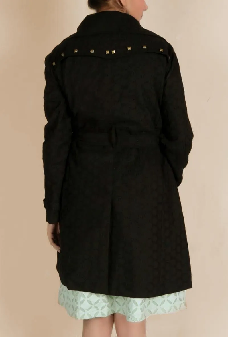 Black Shifley Trench Coat With Metallic Embellishments And Belt