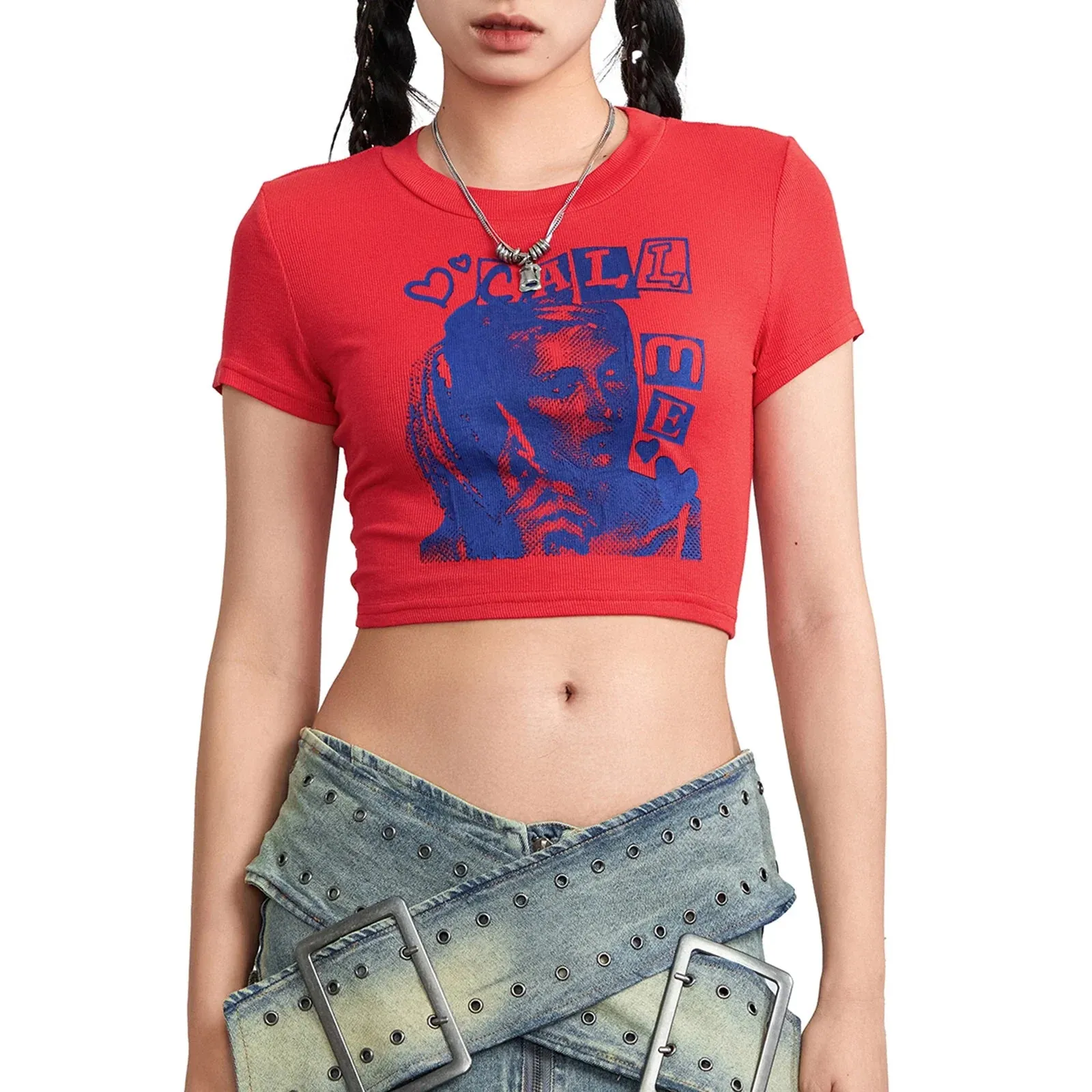 Crop Tops Short Sleeve Crew Neck Cartoon Portrait Pullover Summer T-shirt