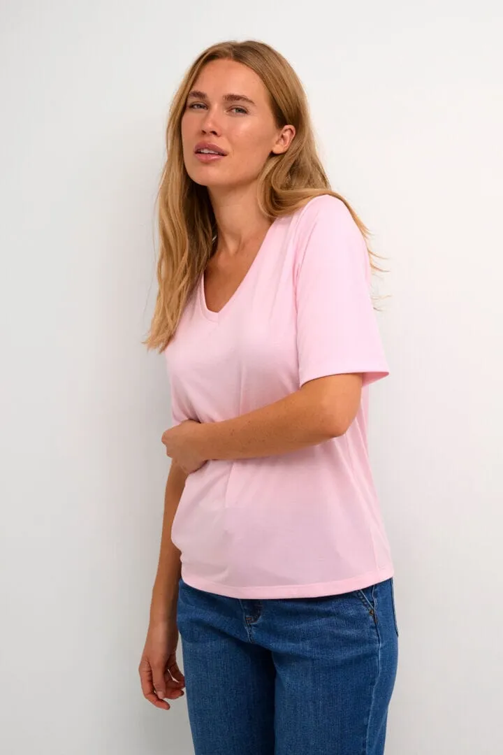 ELBOW SLEEVE V NECK PINK T SHIRT