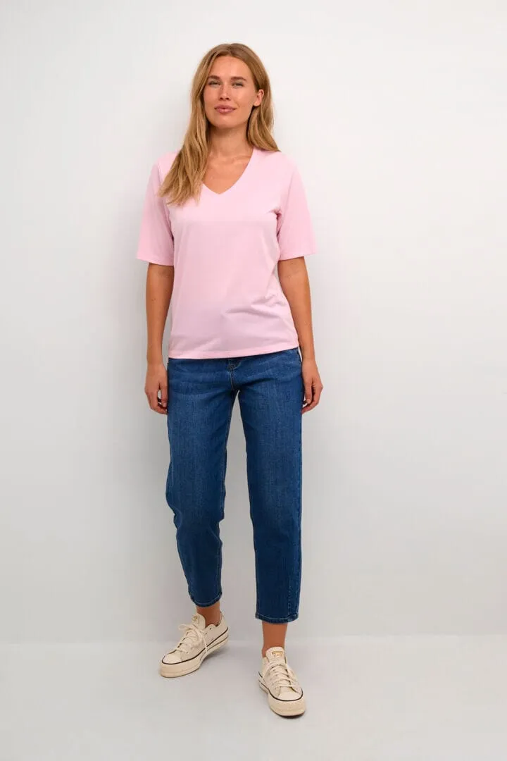 ELBOW SLEEVE V NECK PINK T SHIRT