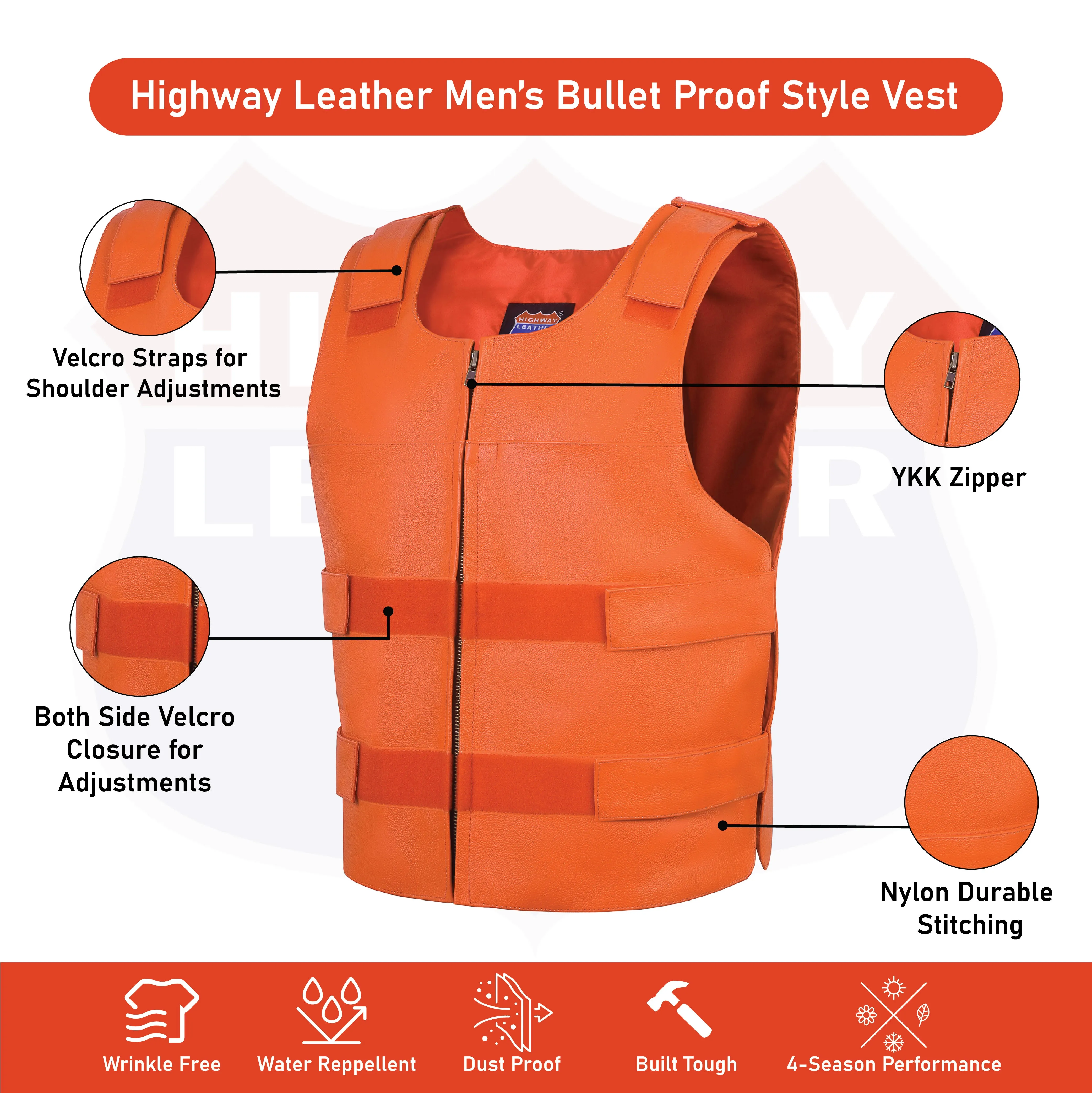 HL11643 Men's Orange Bulletproof Leather Vest – Perfect for Biker Clubs