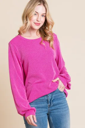 Long Sleeve Curved Hem Ribbed T-Shirt