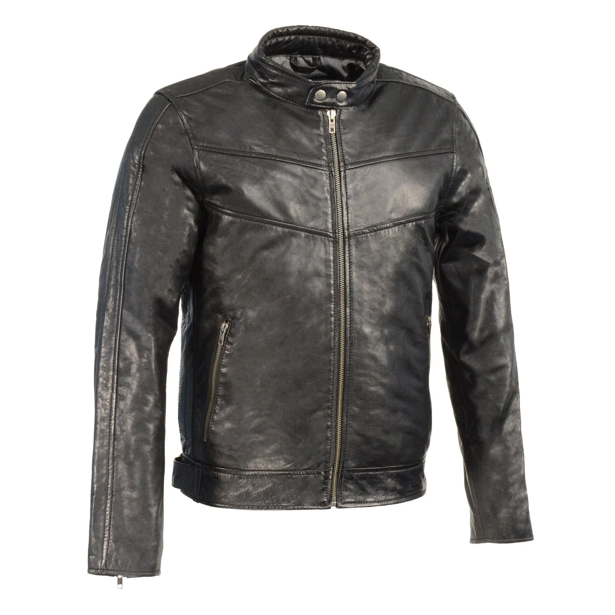 Milwaukee Leather Men's Black Cafe Racer Leather Jacket with Snap Button Collar SFM1835