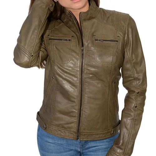 Milwaukee Leather SFL2800 Women's Racer Olive Stand Up Collar Motorcycle Fashion Leather Jacket