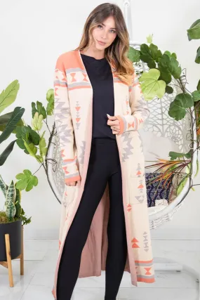 Open Front Long Sleeve Geometric Longline Cardigan