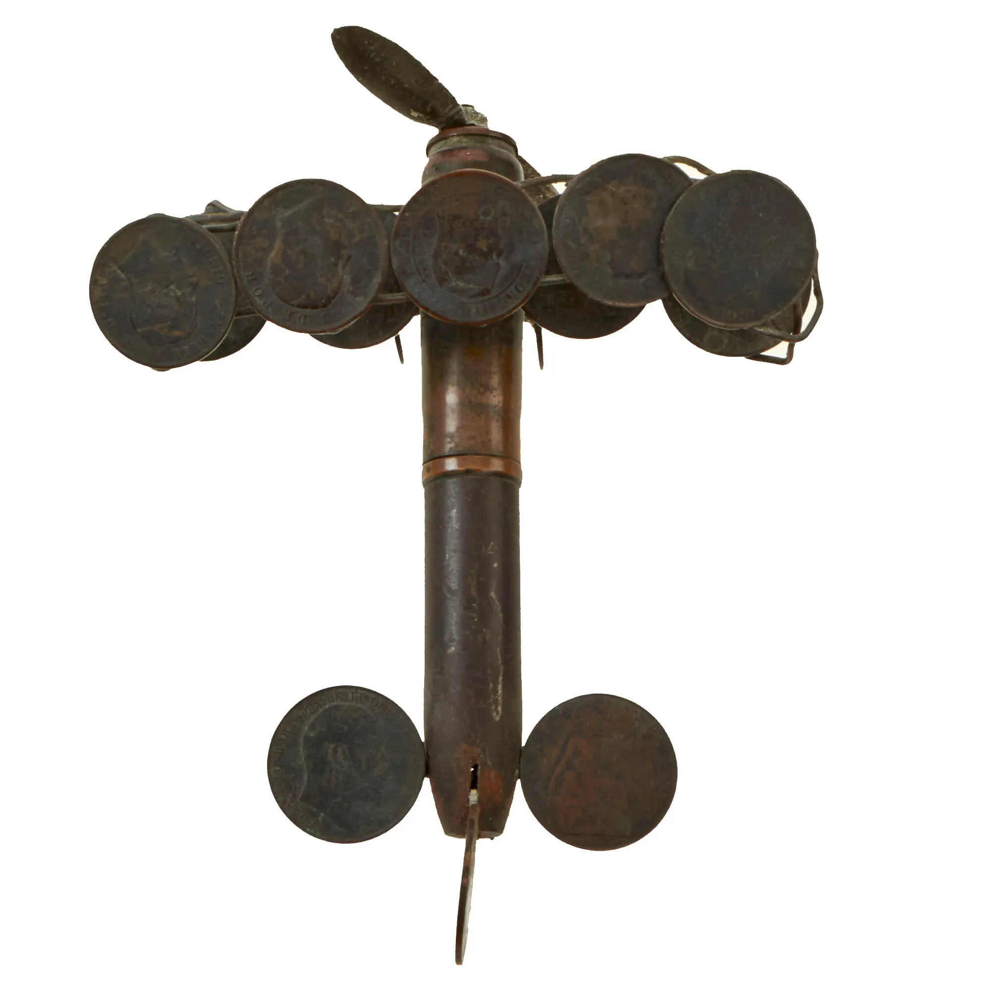 Original British WWI Trench Art Biplane Constructed From Coins and Inert Large Caliber Round As Featured In The Book “Trench Art, An Illustrated History” by Jane Kimball on Page 171