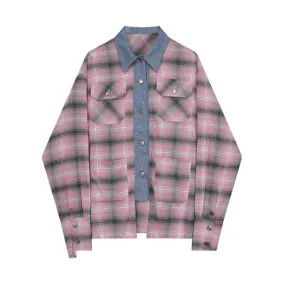 Pre Order:  Pink Plaid Long Sleeve Loose V-Neck Top