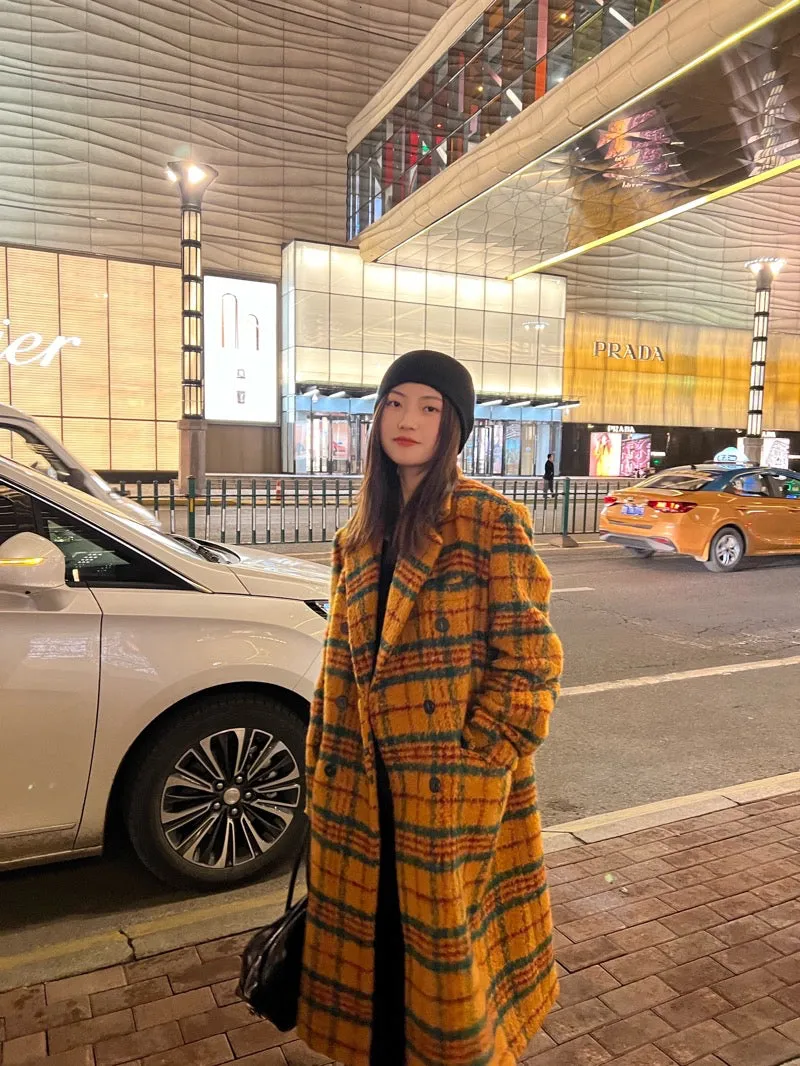 Retro Colorful Plaid Double-Breasted Woolen Trench Coat