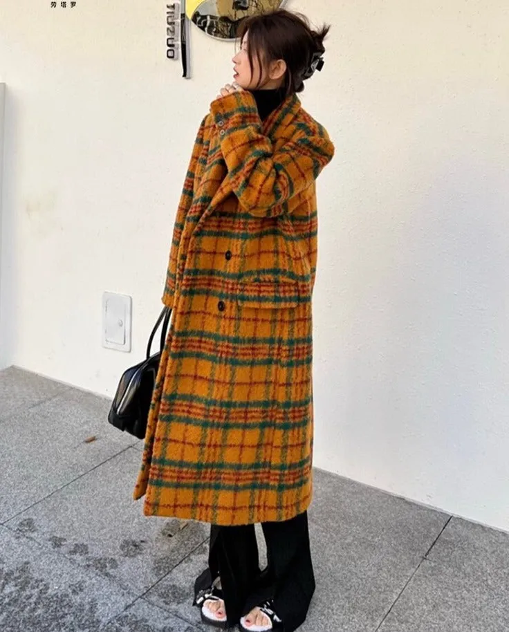 Retro Colorful Plaid Double-Breasted Woolen Trench Coat