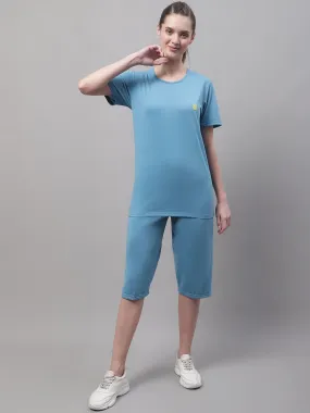 Vimal Jonney Blue Cotton Solid Co-ord Set Tracksuit For Women