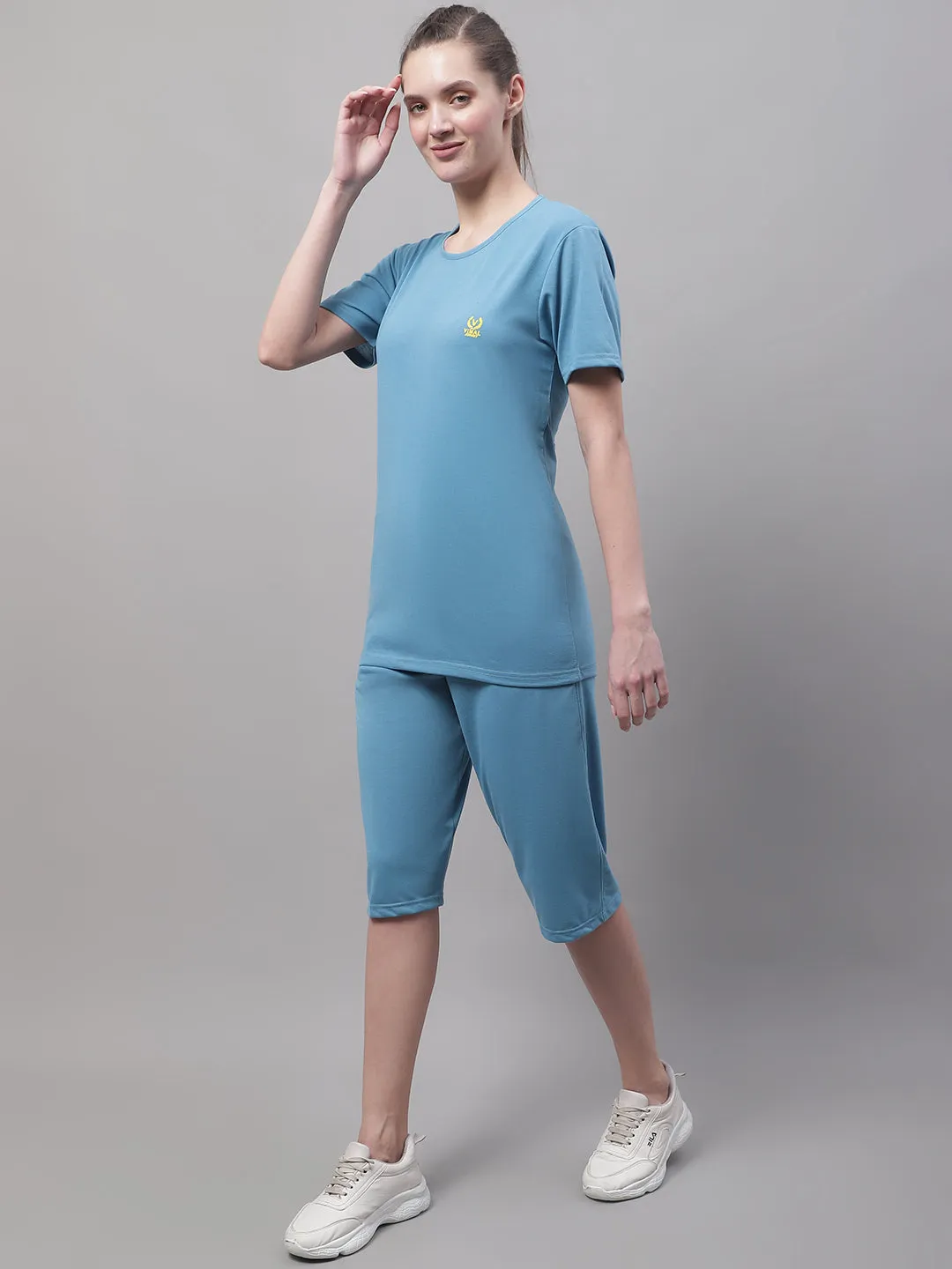 Vimal Jonney Blue Cotton Solid Co-ord Set Tracksuit For Women