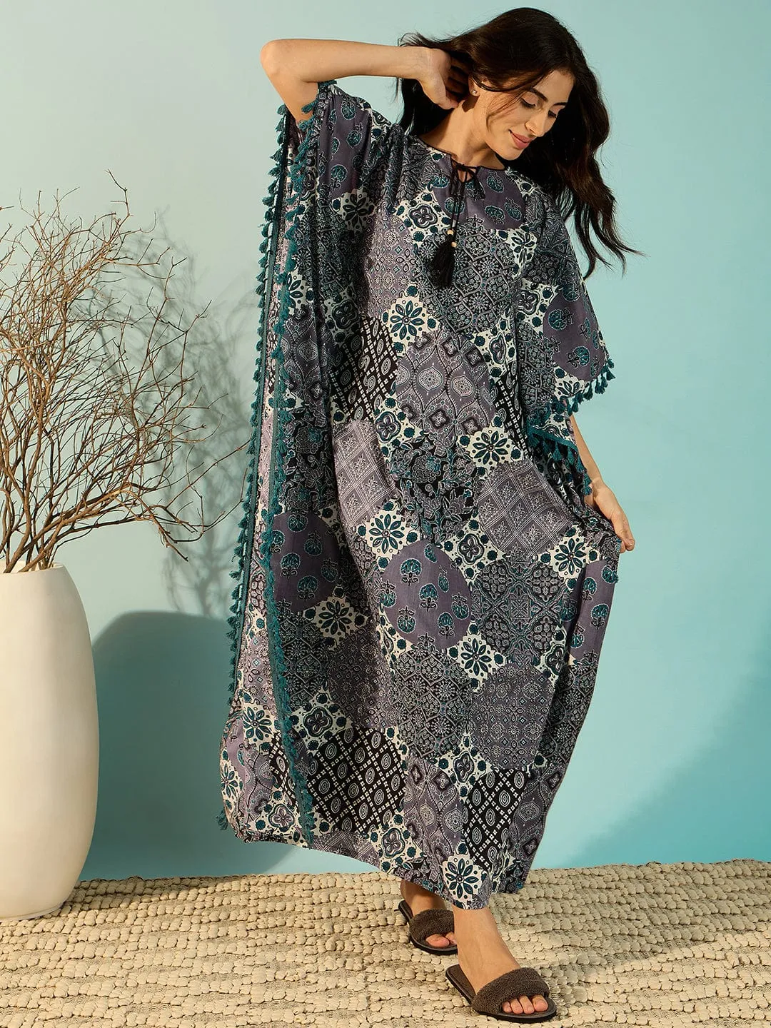 Women Patchwork Printed Purple Cotton Kaftan Nightdress With Fringes