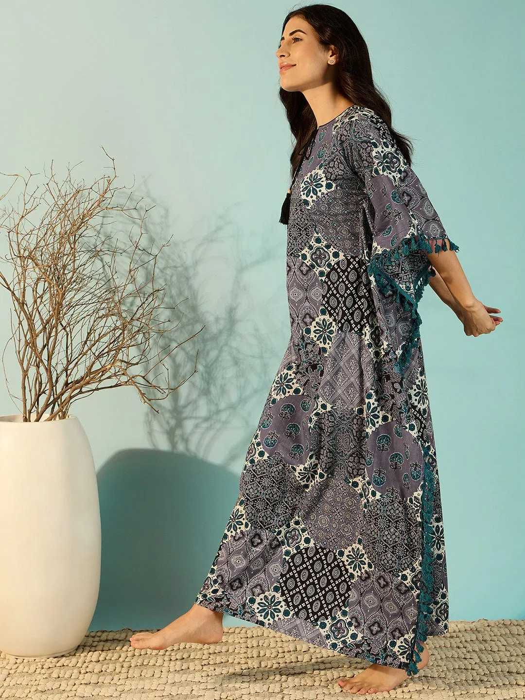 Women Patchwork Printed Purple Cotton Kaftan Nightdress With Fringes